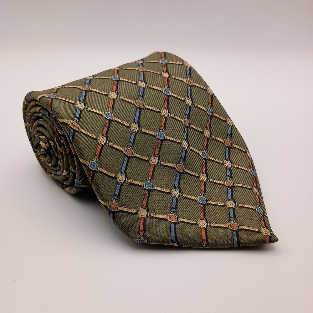 Nautica 3.75" Mens Olive Green Silk Watch Strap Lattice Pattern Necktie